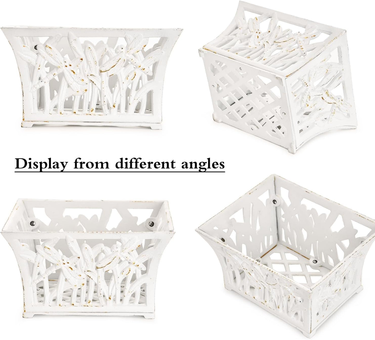 Sungmor Heavy Duty Cast Iron Planter Basket w/Non-Woven Growing Bag, Unique Shape & Beautiful Pattern Design, Hollow Orchid Flower Pot Garden Tools Holder, Rust White French Country Decor Container