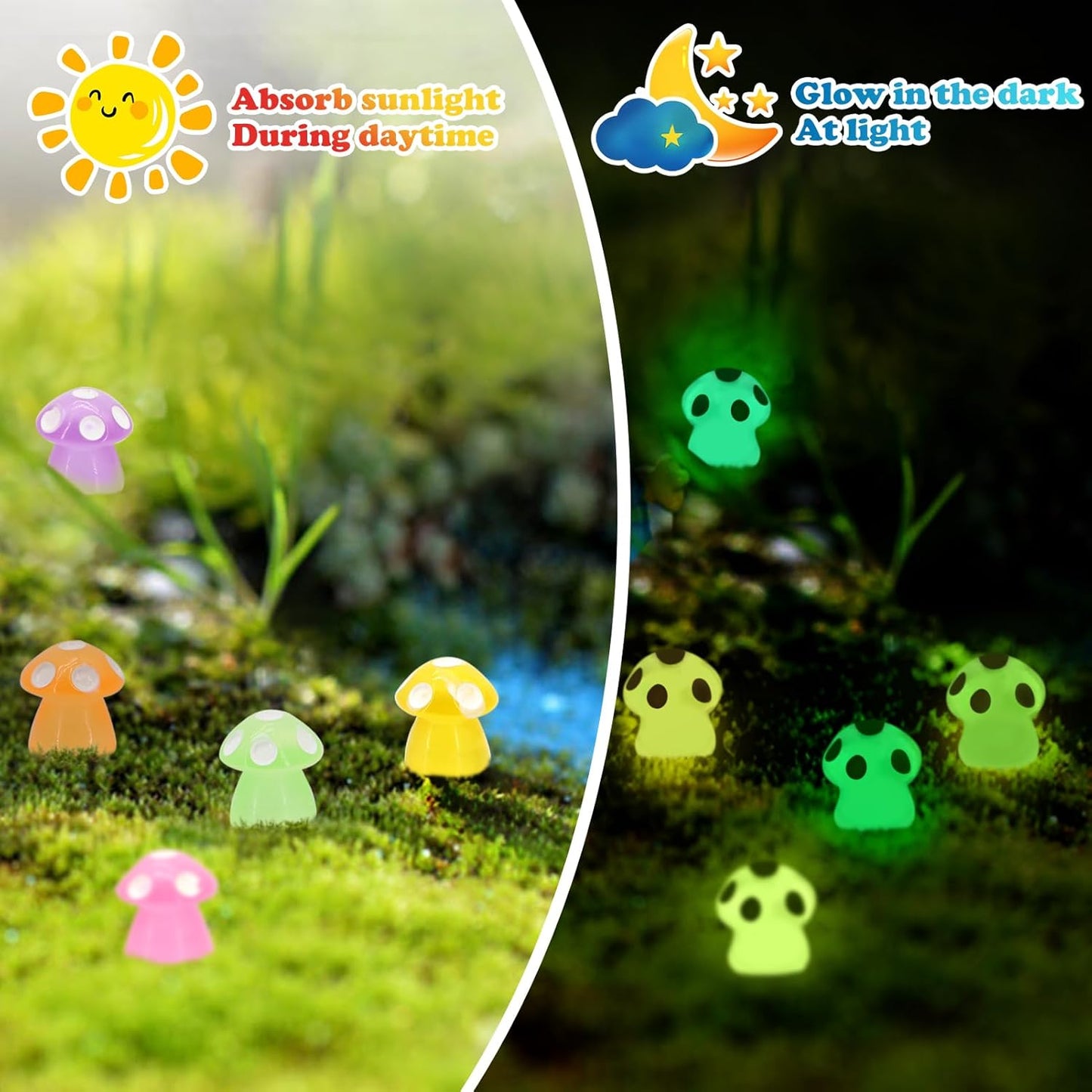 50Pcs Luminous Mini Mushrooms, Small Fairy Garden Mushrooms, Tiny Mushrooms Figurines for DIY Craft Micro Landscaping Decoration