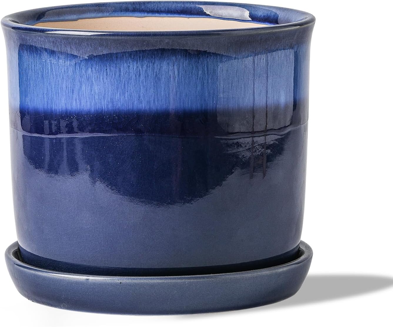8 Inch Plant Pot: Ceramic Planter with Drainage Hole & Saucer for Indoor Outdoor Plants - Flowerpot with Bonded Tray for Home Office - Blue Reactive Glaze