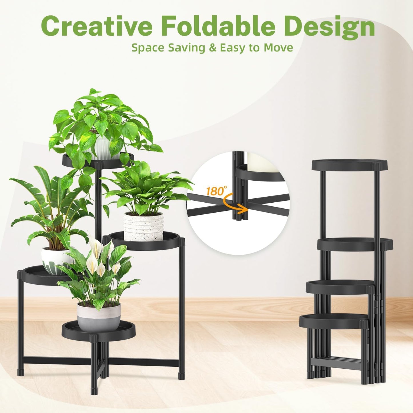 iDavosic.ly 4 Tier Folding Plant Stand Indoor Outdoor with Plastic Tray, Tiered Corner Flower Holder Shelf, Metal Orchid Display Rack for Patio Porch Living Room Garden Balcony, Modern Black