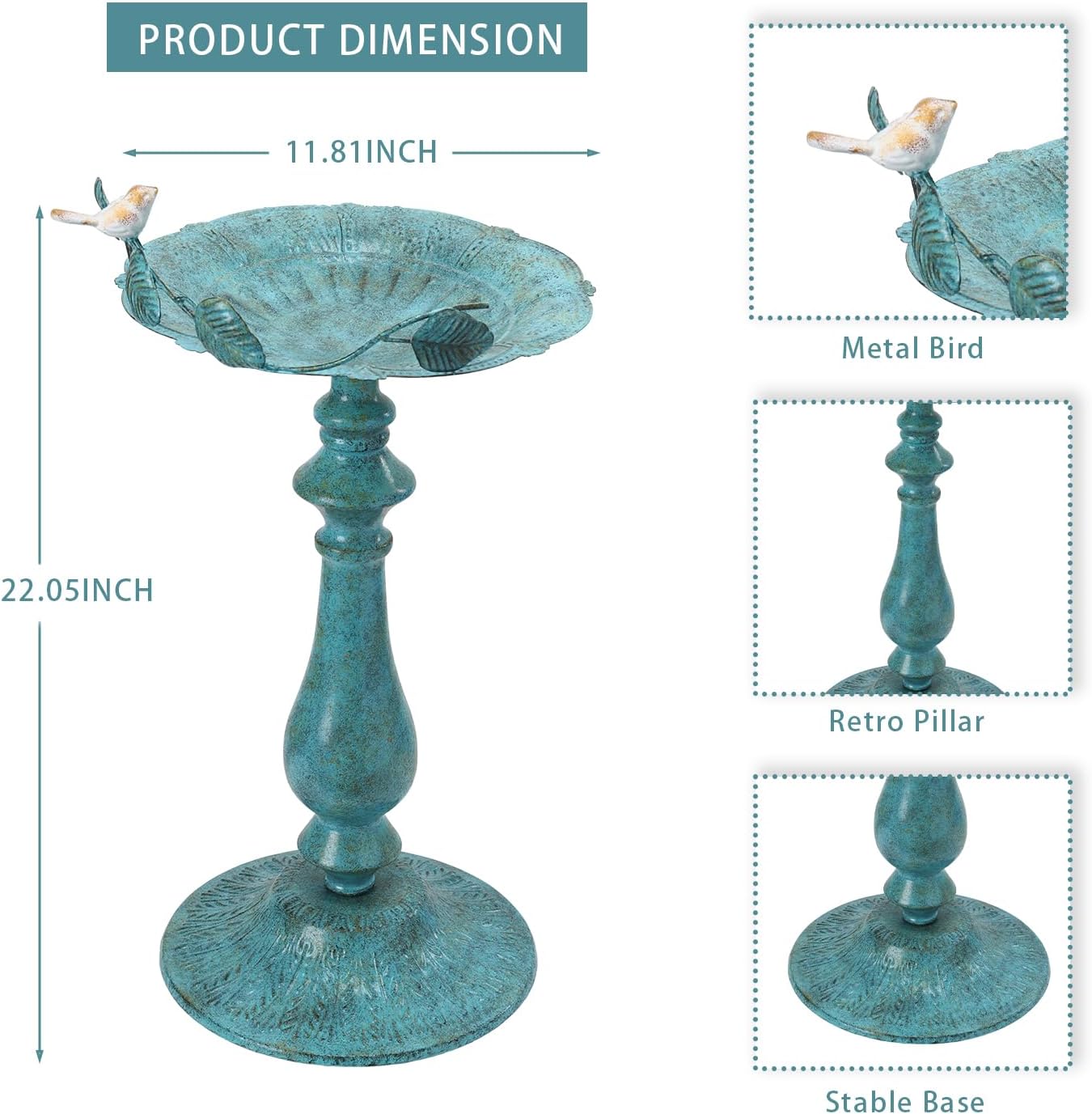 22" H Bird Baths for Oudoors, Antique Pedestal Bird Bath with Bird Statues Metal Birdbaths Bird Feeder Bowl Tray Garden Yard Decoration, Blue