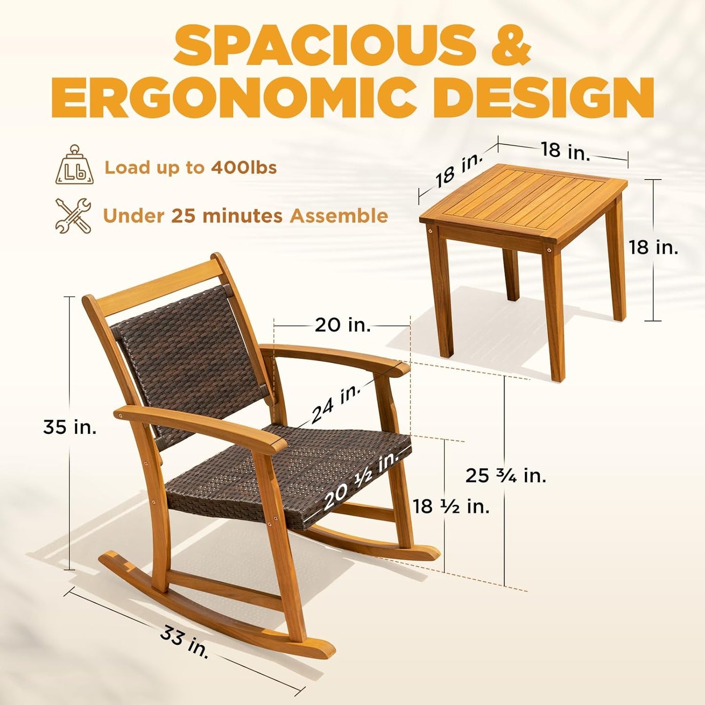 IDZO Solid Wood Wicker Rocking Chairs Set of 2 with End Table