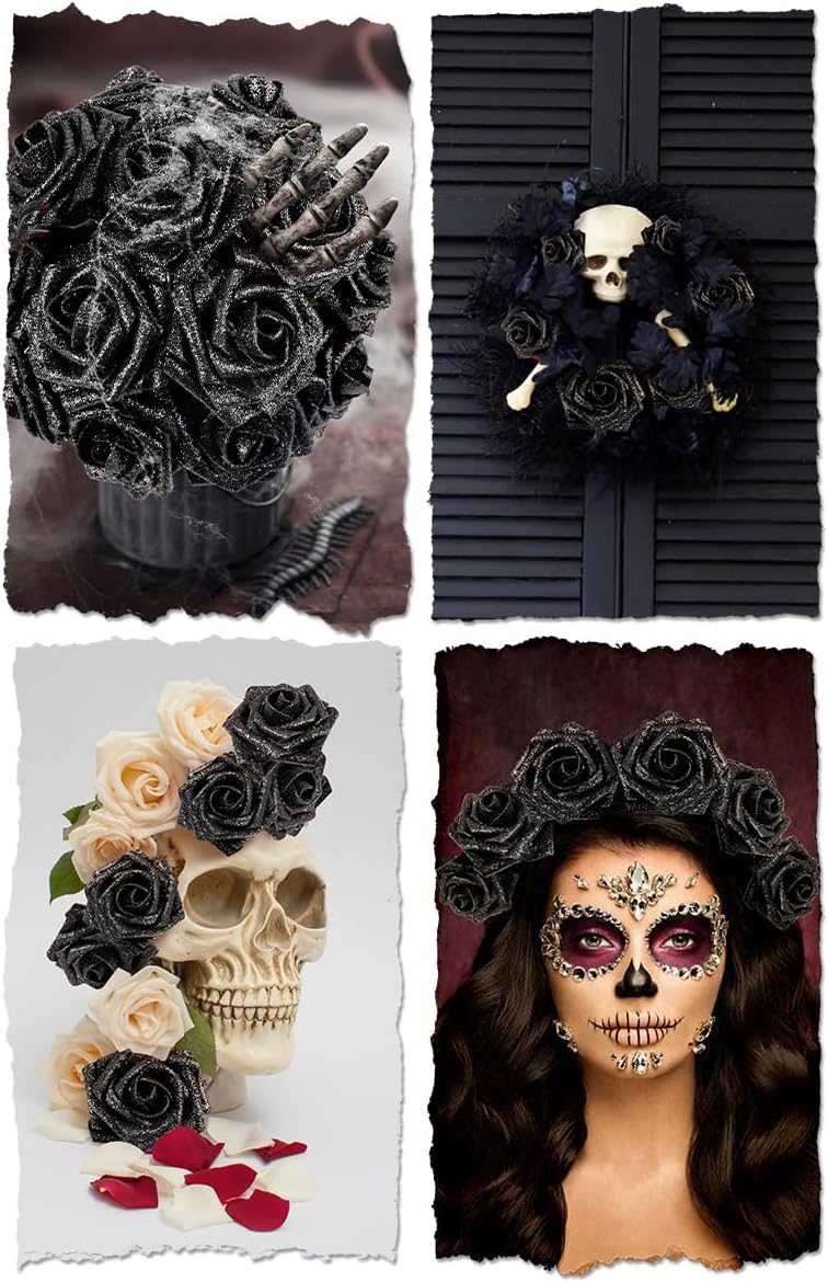 N&T NIETING Artificial Flowers Glowing Black Flowers Foam 50pcs Glitter Roses Real Looking Fake Roses with Stem for DIY Wedding Bouquets Centerpieces Bridal Shower Party Home Decorations