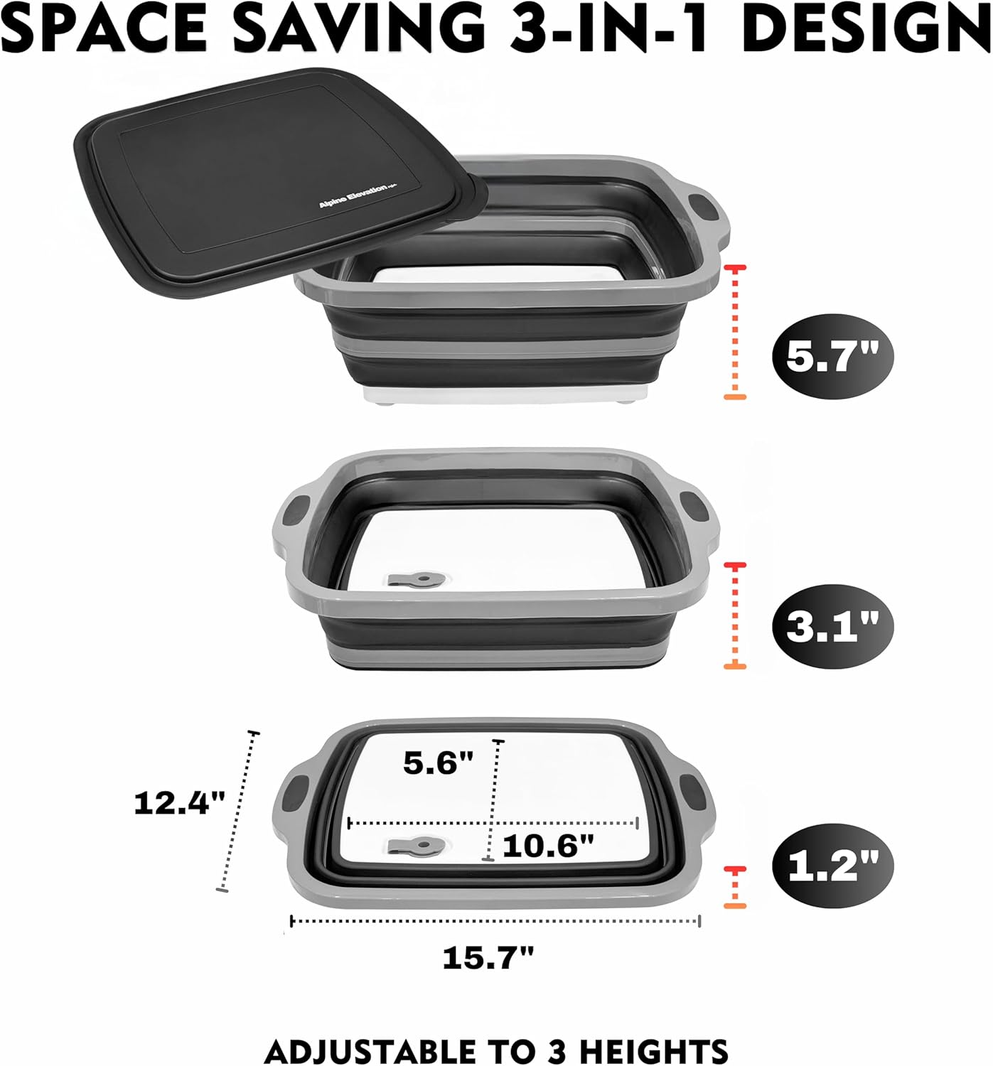 Collapsible Large (8L) BBQ Marinating Tub w/Cutting Board | Multipurpose Food-Grade TPE Prep Tub w/Lid | Built-in Colander & Drain Plug - for Camping | Tailgate | Picnic - Slate Black