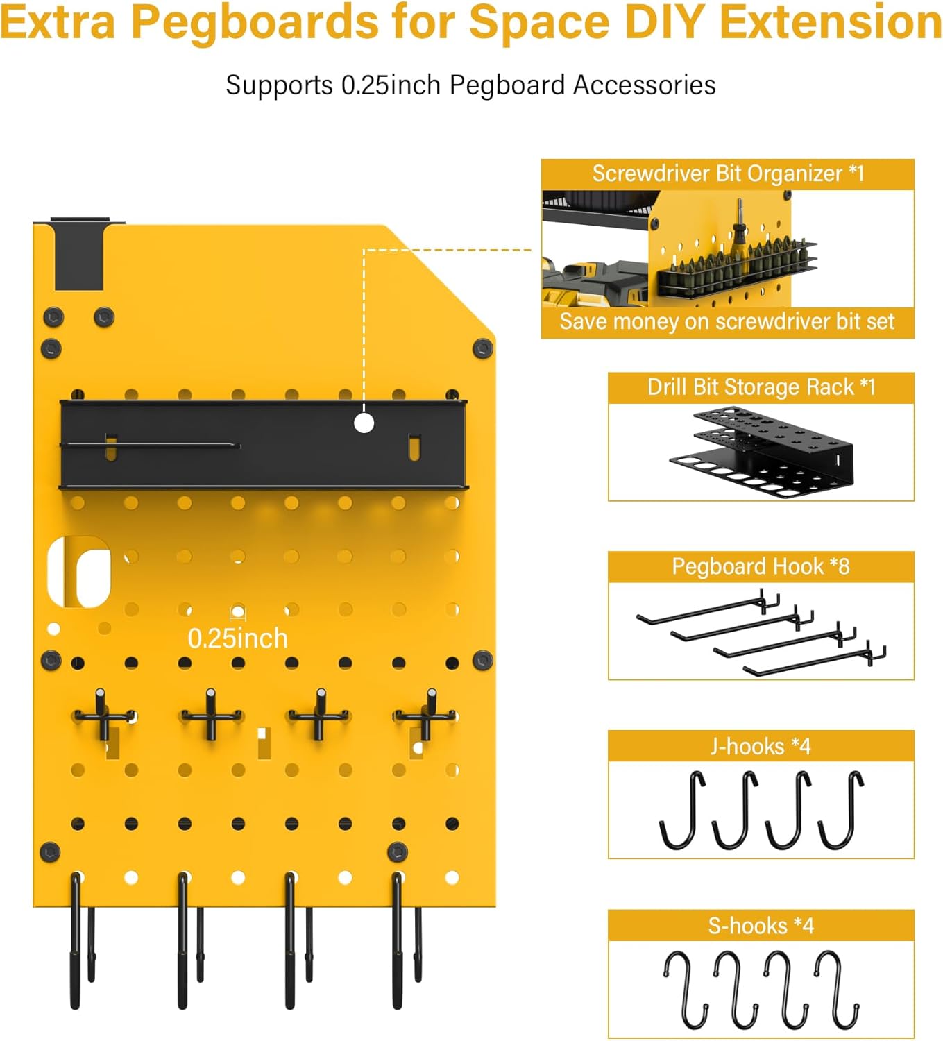 JUNNUJ Large Pegboard Power Tool Organizer with Charging Station, 8 Drills Driver and Tools Battery Holder Wall Mount with 8 Outlet Power Strip, Yellow 3-Layer Shop Garage Storage Utility Rack