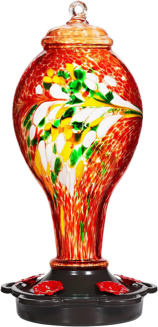 LUJII Hummingbird Feeder for Outdoors, Hand Blown Glass Humming Bird Feeder, Anti Fade Leakproof with 25 Ounces Nectar Capacity, Easy to Install Clean Refill, Include Hook & Ant Moat (Red)