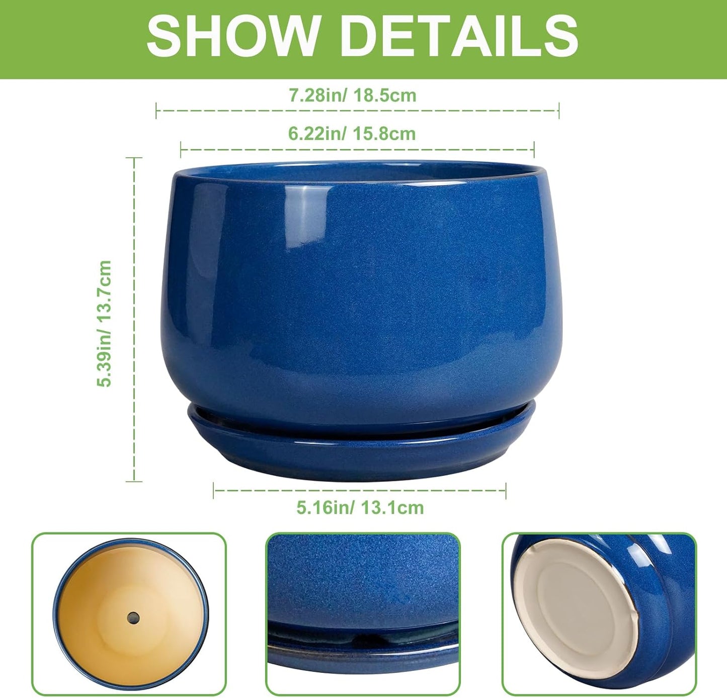 G EPGardening Round Ceramic Plant Pots - 7 Inch Modern Planter with Drainage and Plant Saucer for Indoor Outdoor Flower, Round Office Decor, New Gifts for Home, Blue