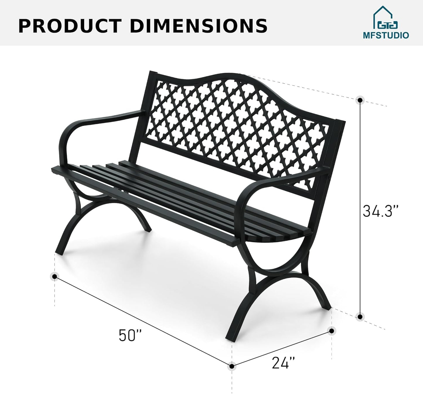 MFSTUDIO 50" Black Outdoor Metal Garden Bench with Arch Legs, Cast Iron Frame Patio Furniture with E-Coating, Perfect for Porch and Yard