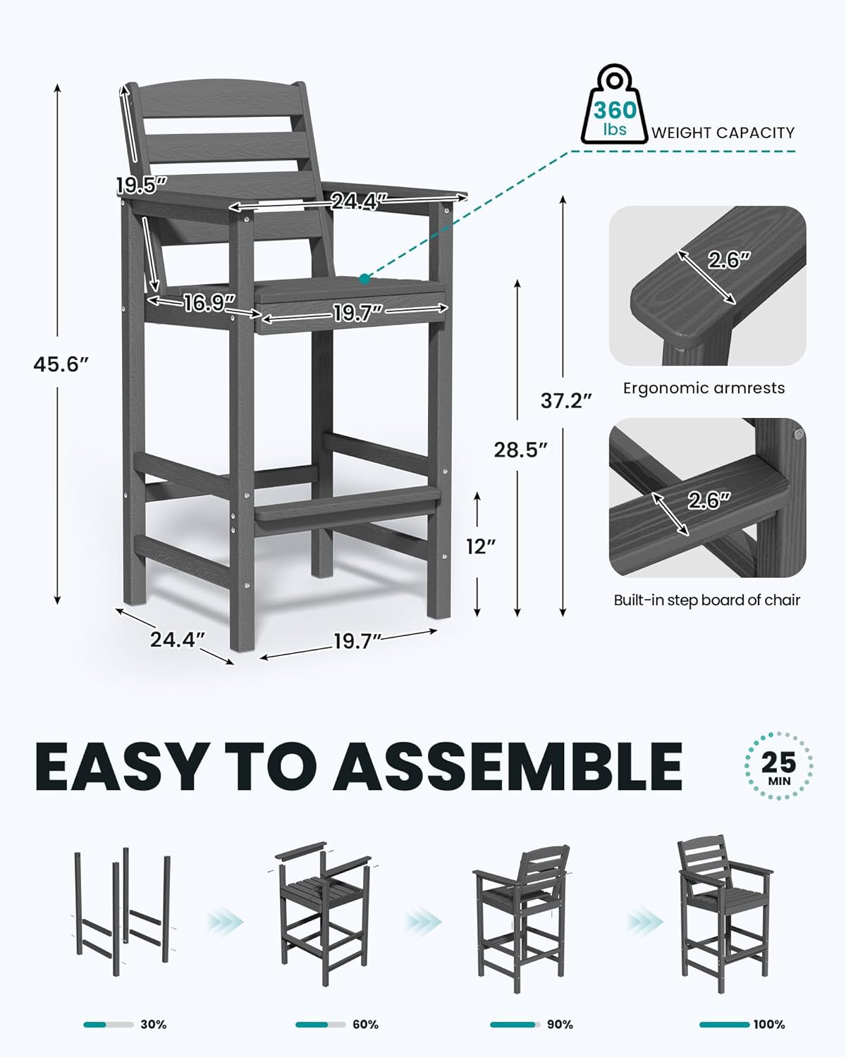 SERWALL Tall Adirondack Chairs Set of 2, Oversize Balcony Adirondack Chairs Set, Outdoor Bar Height Barstools Widened Chair Set for Bistro, Poolside, Garden, Gray