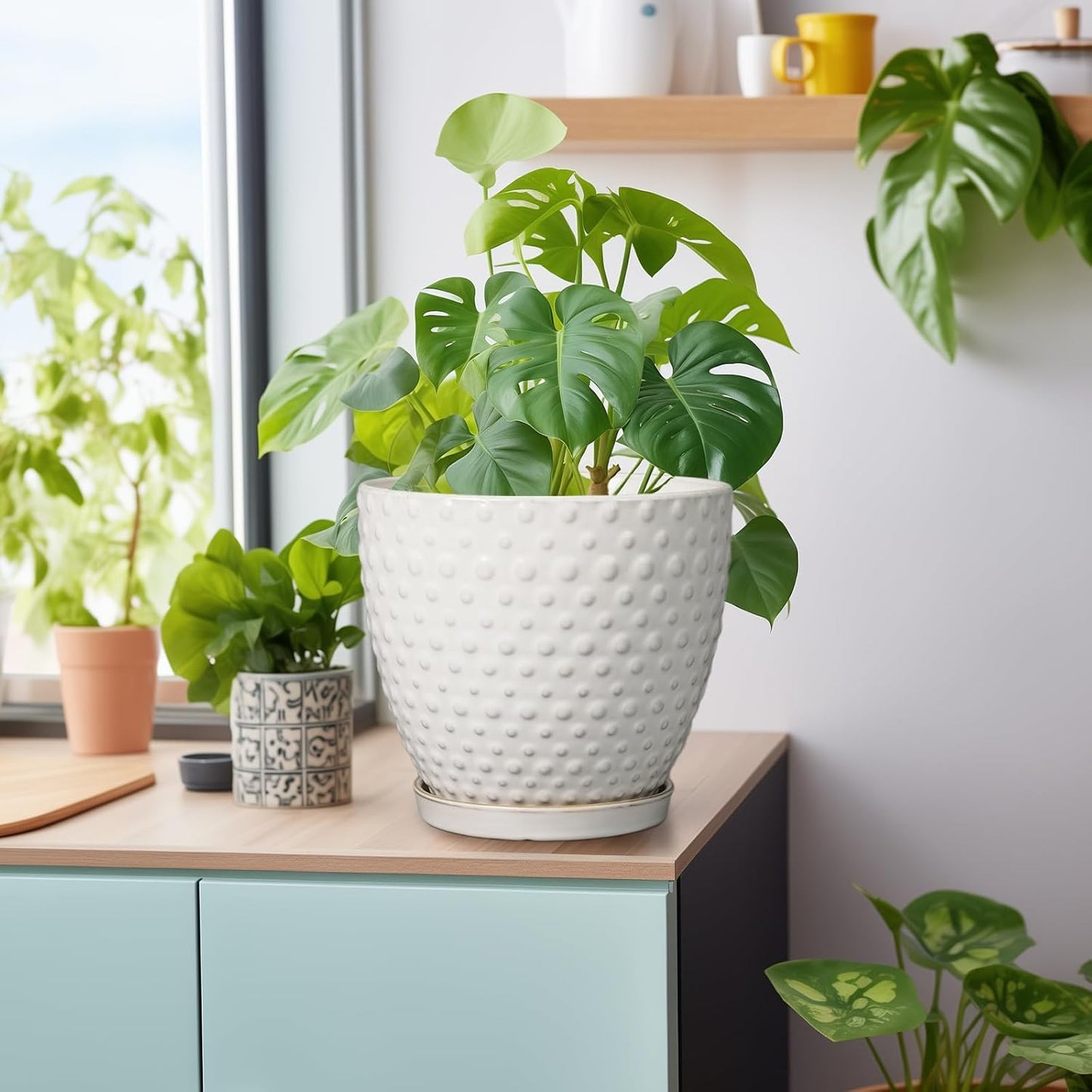 G EPGardening 8 Inch Plant Pot for Indoor Outdoor Plants Round Ceramic Planter Pot with Drainage Hole and Saucer Modern Large Flower Pot White