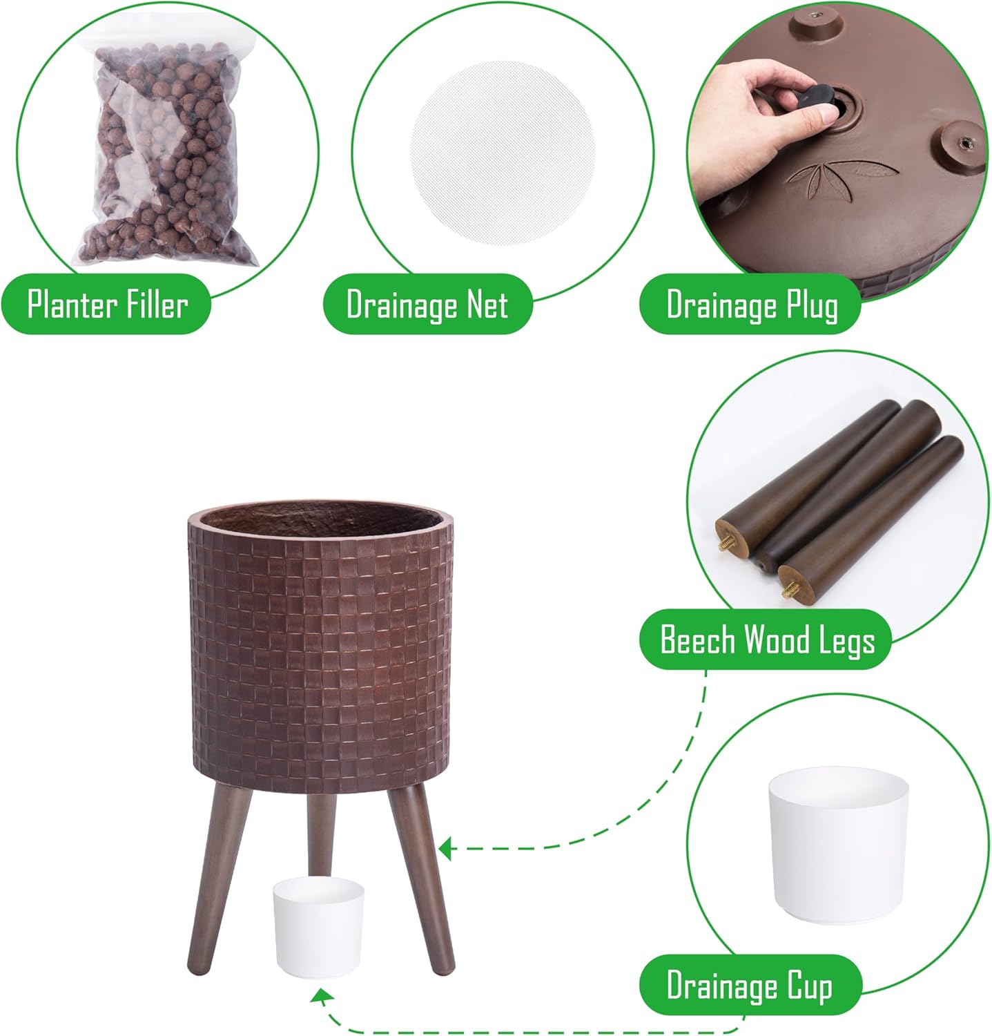 D'vine Dev 10 Inch Modern Geometric Tile Patterned Sleek Planter Pot with Stand, Indoor Outdoor Decorative Plant Holder, Espresso, 88-Z-B-6