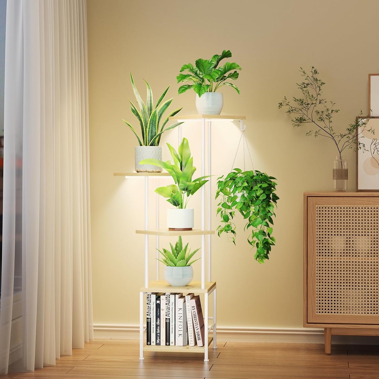 Plant Stand Indoor with Grow Light, 5-Tiered Tall Plant Stand Indoor, Metal Plant Shelf with Hanging Basket Hook and Adjustable Light, Ideal for Living Room, Garden, Patio (Maple)