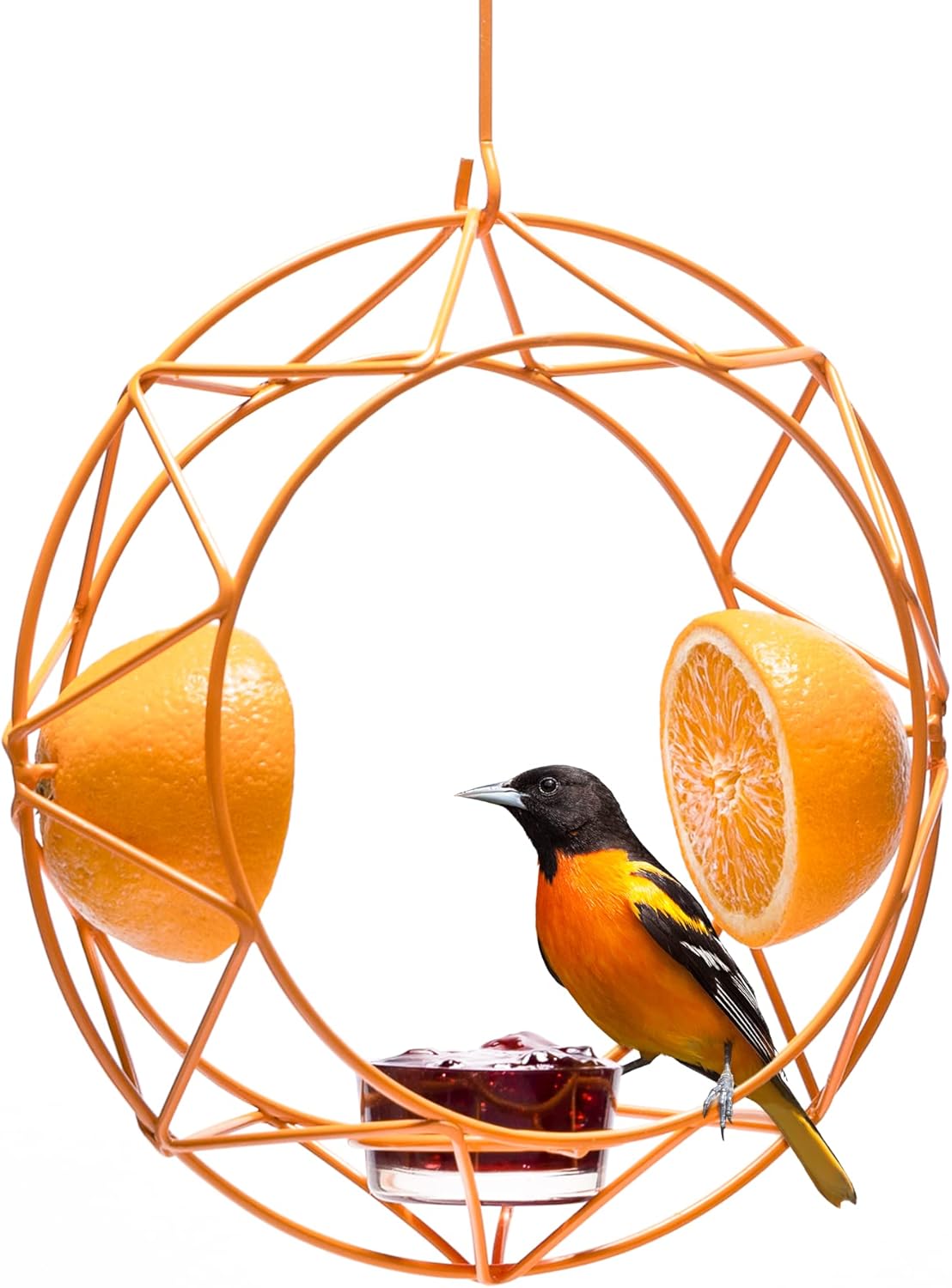 MEKKAPRO Sun Baltimore Oriole Feeder for Outdoors, Jelly and Orange Metal Bird Feeder, Unique Sun Design and Bright Color Oriole Bird Feeder, Open Top Hook, UV-Resistant Powder-Coated Steel (Single)