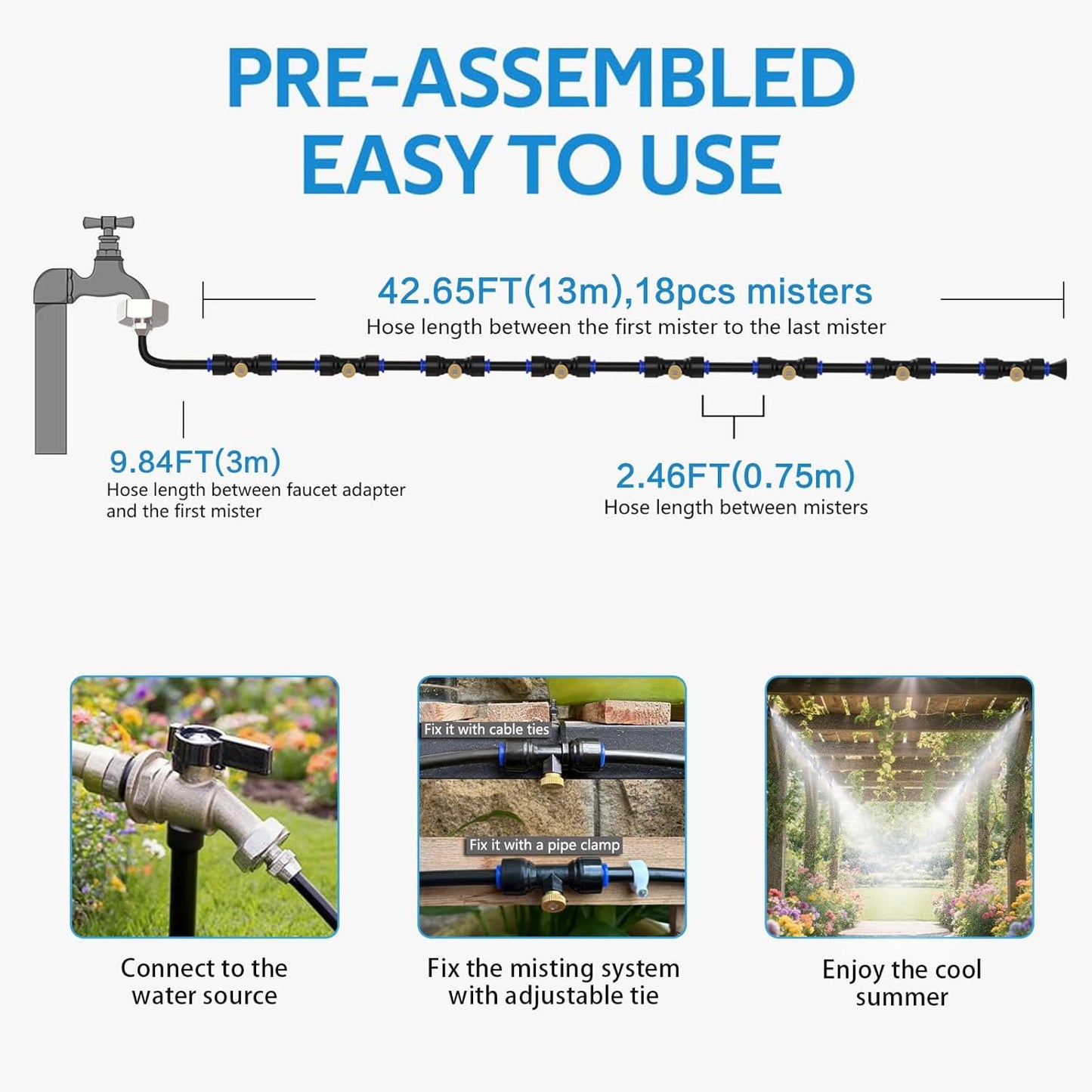 Misting Cooling System 52FT (16M) Misting Line + 18 Brass Mist Nozzles + Brass Adapter(3/4") Outdoor Mister for Patio Backyard Garden Greenhouse Watering Cooling