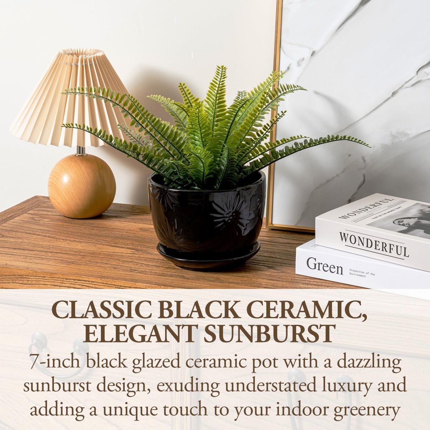 MyGift 7 Inch Glossy Black Ceramic Plant Pot with Drainage Hole and Attached Saucer, Modern Decorative Embossed Sunburst Planter Container for Indoor Home Garden