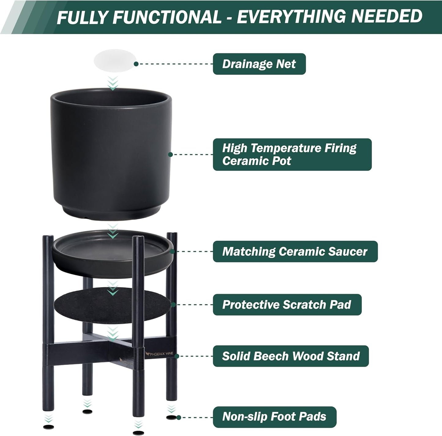 D'vine Dev Ceramic Planter with Ebony Stand - 8 Inch Modern Round Flower Pot with Wood Planter Holder, Black, 55-B-M-2