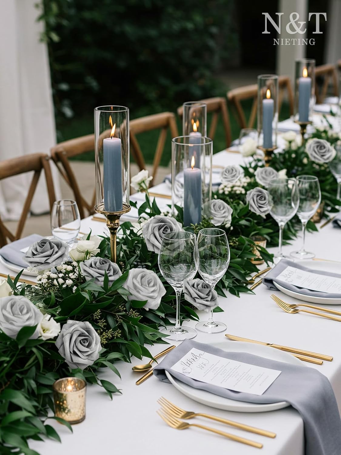 N&T NIETING Artificial Flowers, 25pcs Fake Flowers with Stems for Cake Decoration DIY Wedding Party Baby Shower Decoration, Silver White and Silver Grey