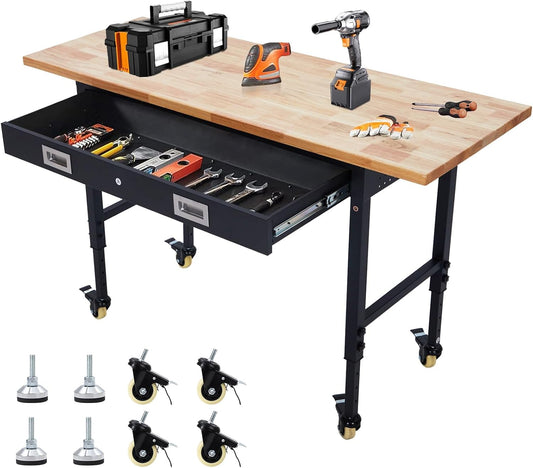 60'' Adjustable Workbench, Heavy Duty Workbench with Drawer, Power Outlet and Lockable Wheels, 2000 LBS Capacity, Work Table Suitable for Office, Garage, Workshop