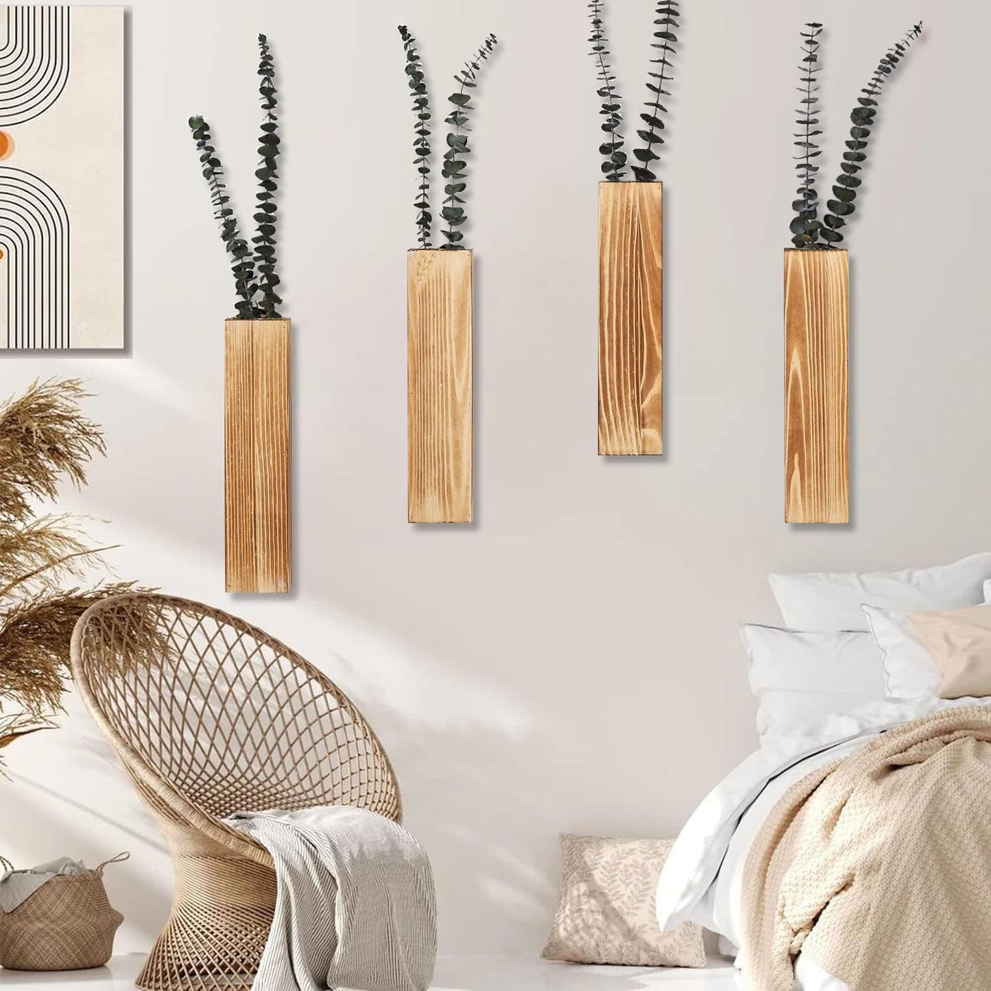 Wooden Wall Planter Set of 4 - Modern Home Decor for Living Room, Bedroom, Bathroom - Brown Finish Planter for Dried Flowers, Faux Greenery, Indoor Plants