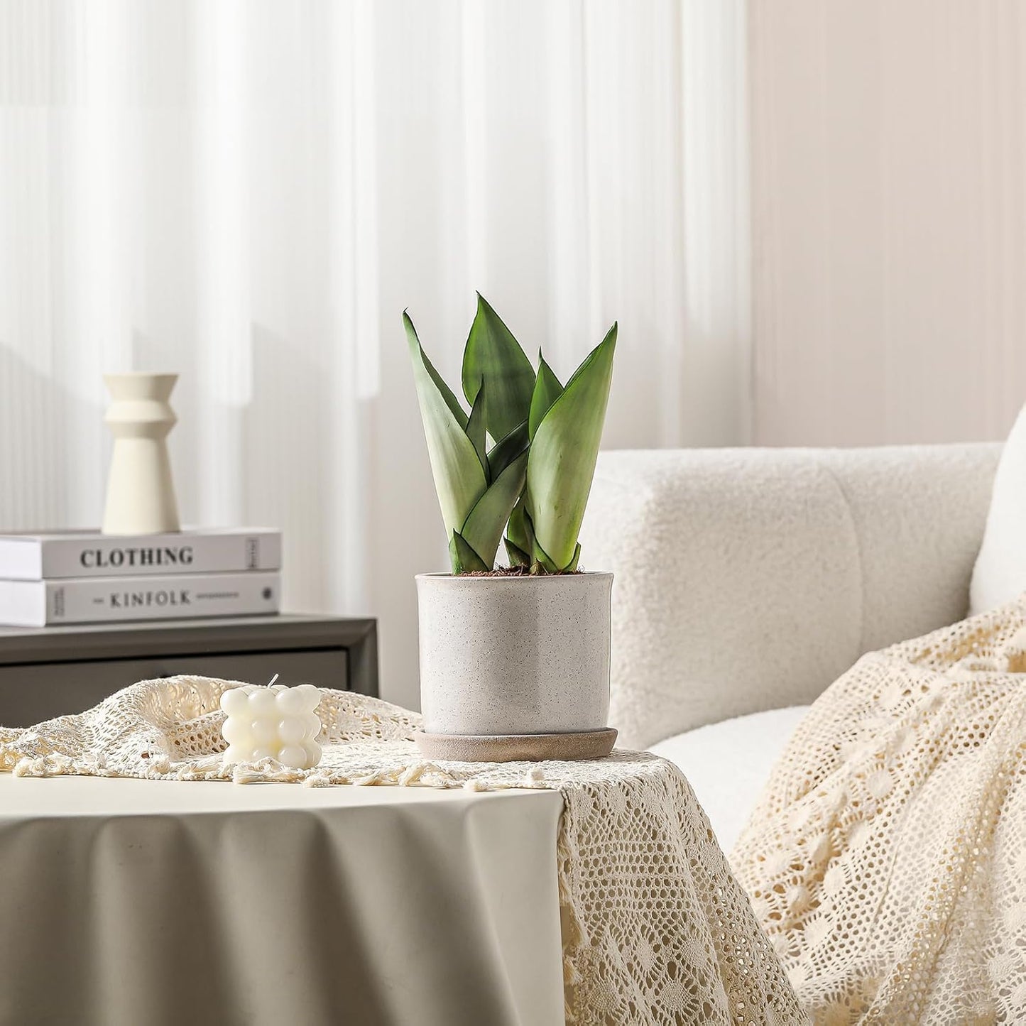 5.8 Inch Plant Pot: Ceramic Planter with Drainage Hole & Saucer - Cylinder Round Flowerpot for Indoor & Outdoor Plants - with Separate Tray for Home & Office - Retro Style, Grey