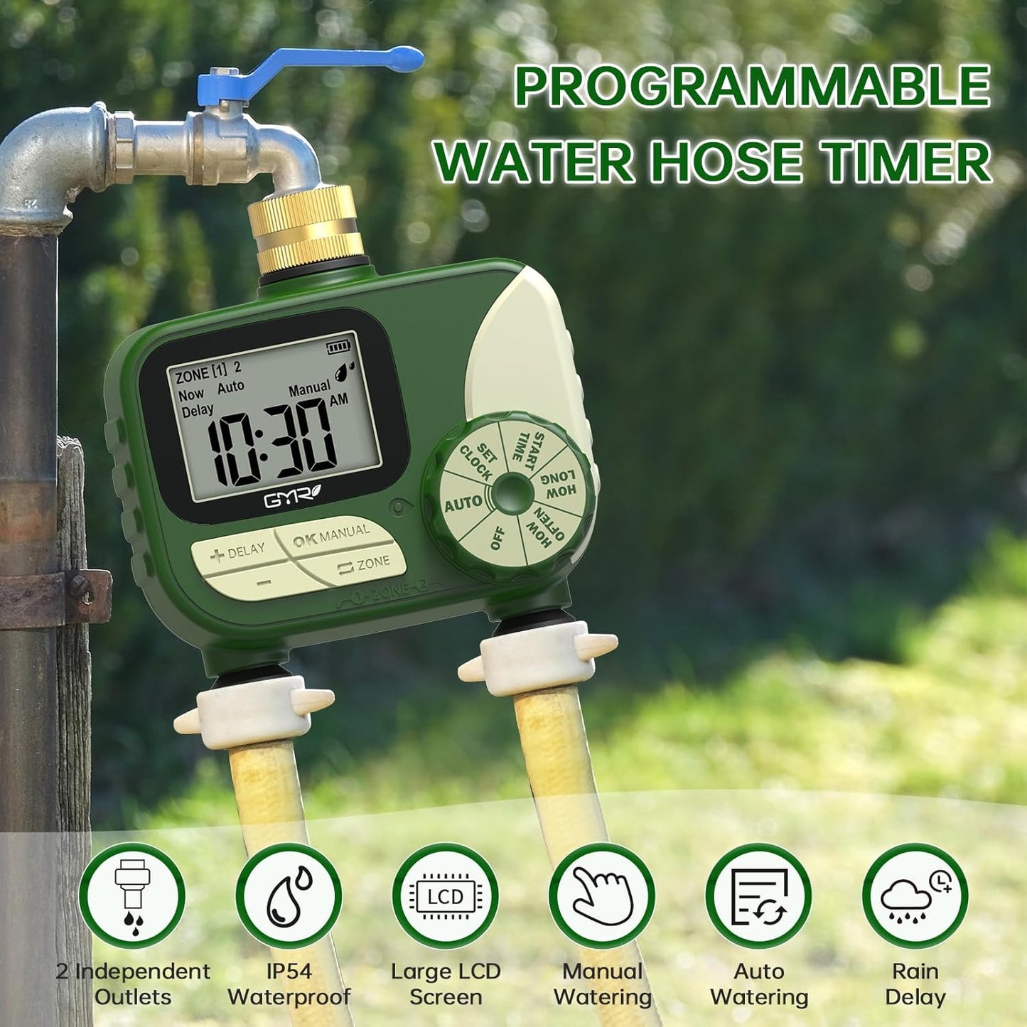 GMR Hose Timers for Watering, Sprinkler Timer Outdoor with Brass Inlet, Water Timer for Garden Hose with Rain Delay/Manual/Auto Irrigation System, Programmable Garden Hose Timer for Yard, 2 Outlet
