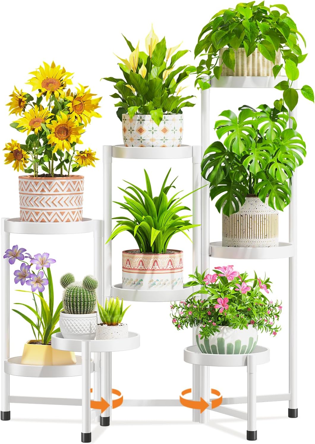 LASZOLA 8 Tiered Folding Plant Stand Indoor for Multiple Large Planter, Tall Heavy Duty Adjustable Rack with Rust Proof 10 Inch Wide Tray, Sturdy Vertical Tree Organizer for Narrow Inside Floor, White