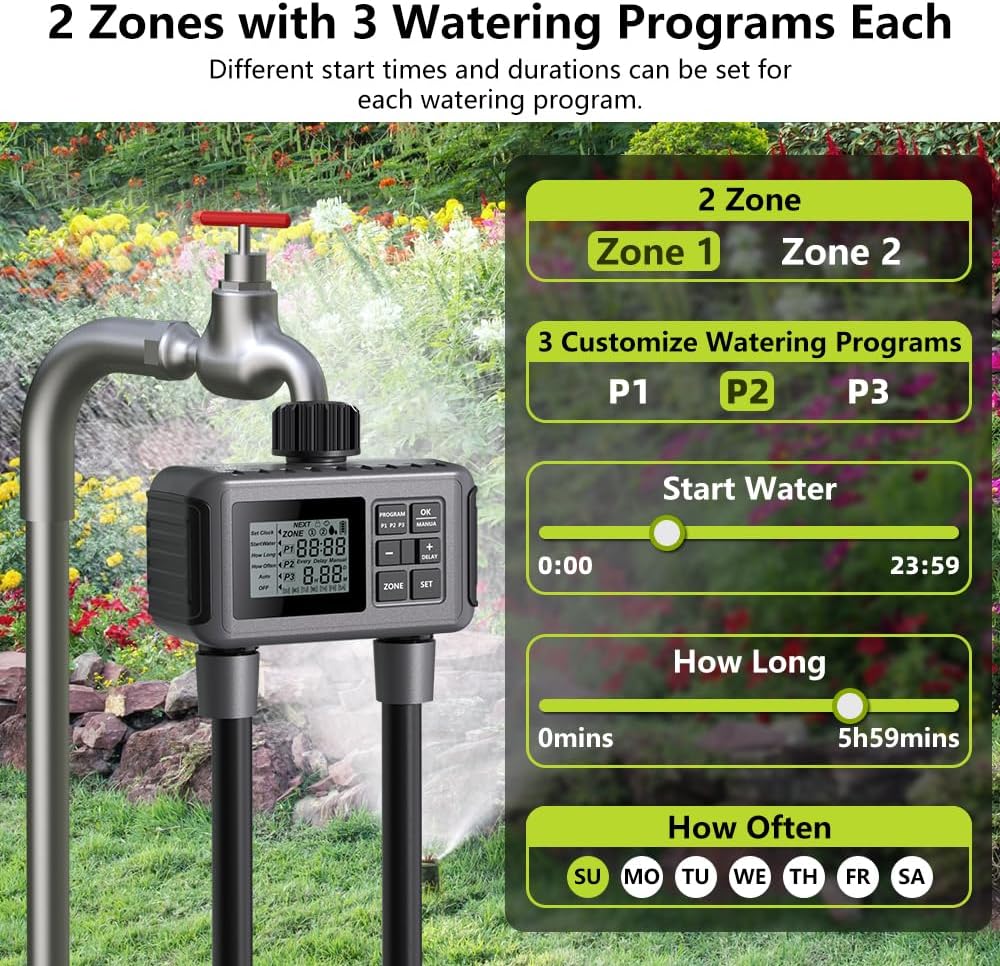 Uzoli SGW07 Sprinkler Timer, Programmable Water Timer for Garden Hose with 2 Outlets, Rain Delay, Manual, IP55 Waterproof Auto Drip Irrigation for Yard, Lawn, Pool