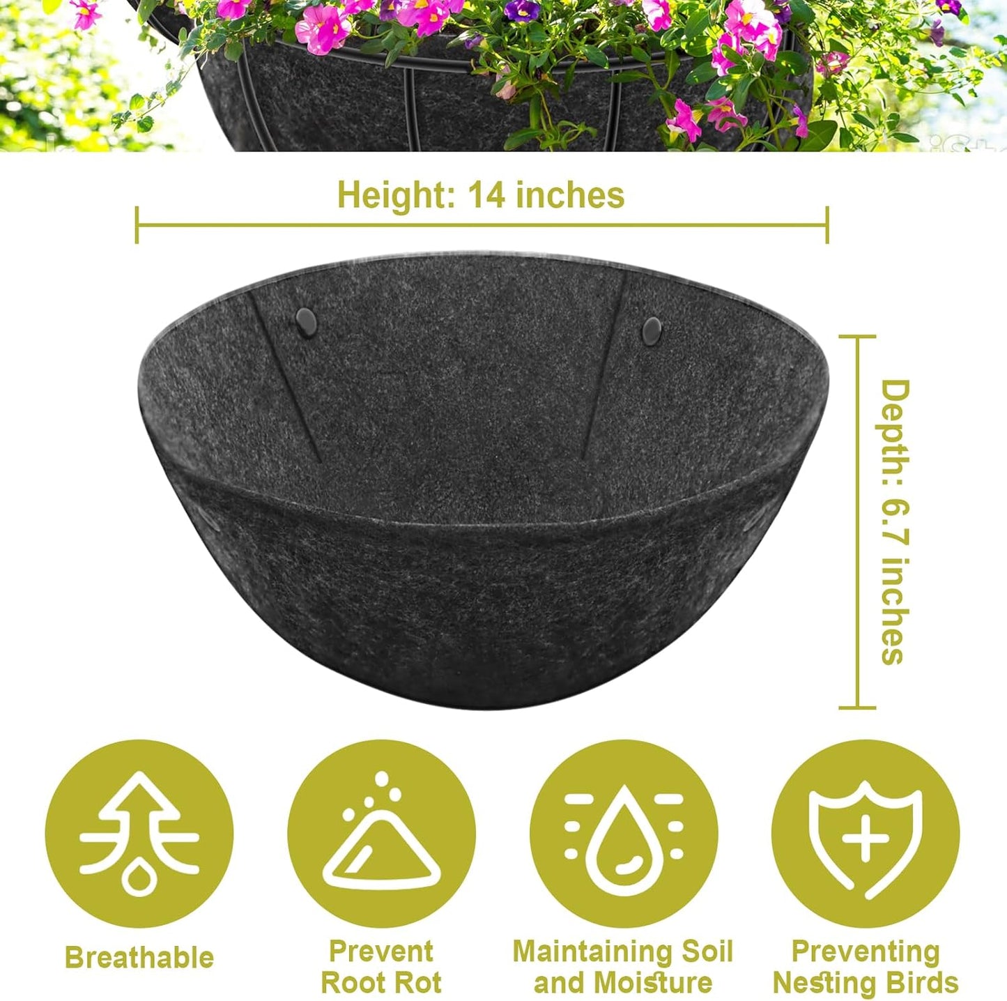 Riare 8 Pack 14 Inch Round Fabric Planter Basket Liner- Hanging Basket Liners Replacement Coco Fiber Liner Alternative for Hanging Basket Flowers (Prevent Birds from Nesting)