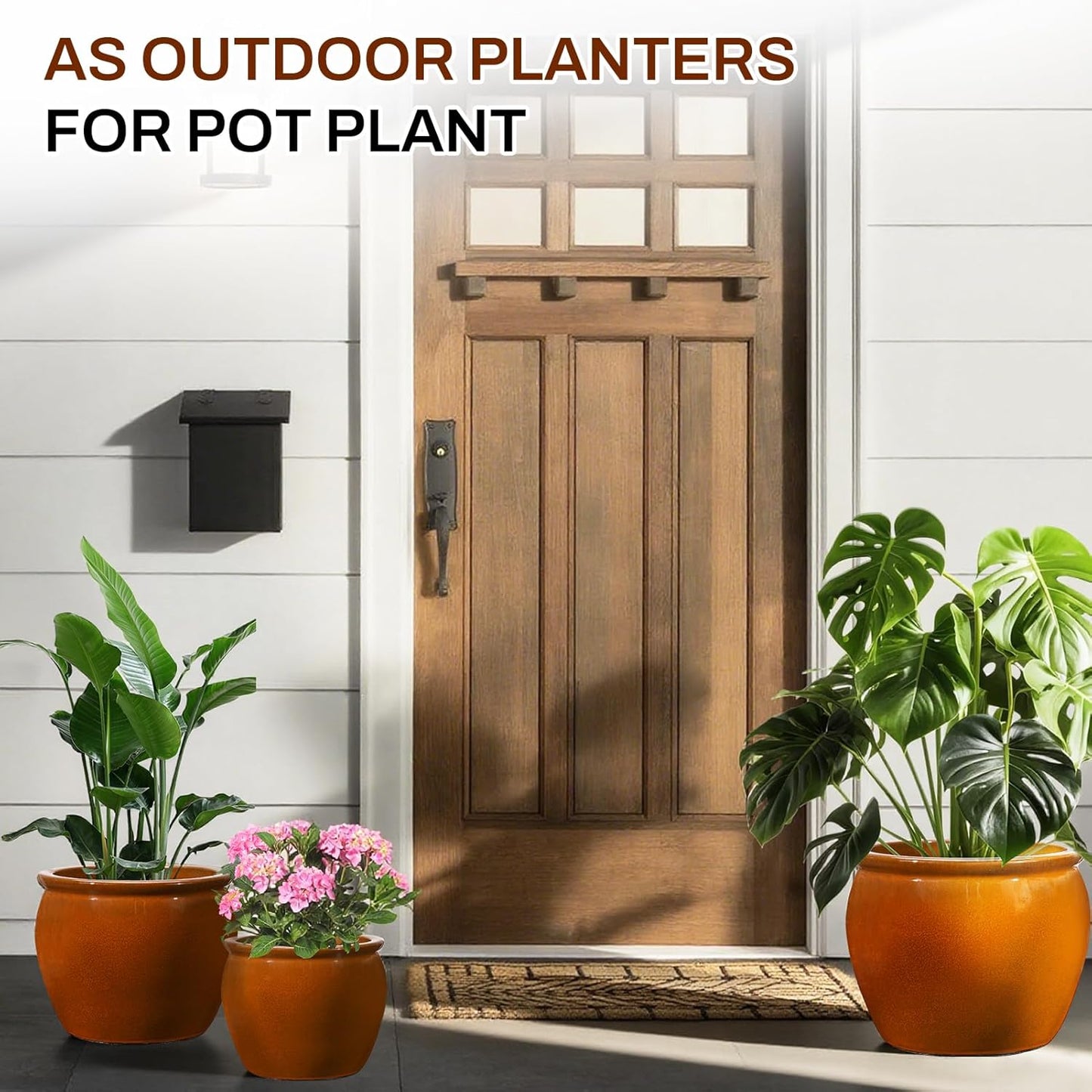Ceramic Plant Pots Set of 3,9+11.6+14.6 Inch Flower Planters with Drainage Holes Indoor Outdoor, 19.8/8.7/3.8 Qt Capacity, Terracotta Brown Glaze