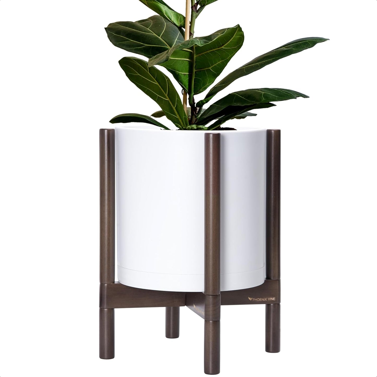 D'vine Dev Planter with Stand - 12 Inch Plastic Cylinder Flower Pot with Wood Holder for Indoor, Matte White Pot + Walnut Color Stand, 55-C-O-1