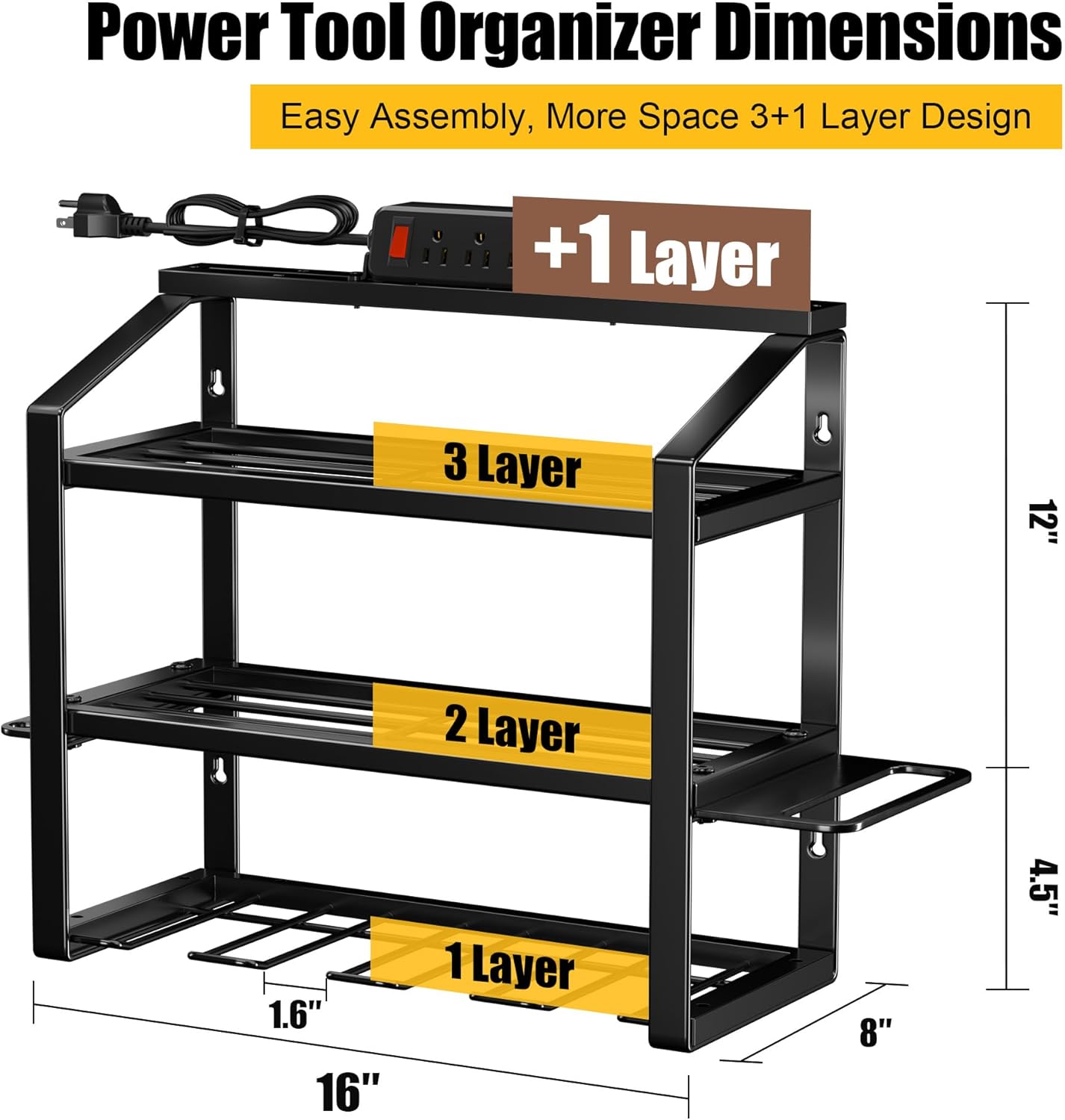 Power Tool Organizer With Charging Station, Heavy Duty Steel 4 Slots, Tool Battery Holder with 4 Outlet Power Strip, Easy To Install Garage Storage Rack for Workshop/Shed Gift For Men