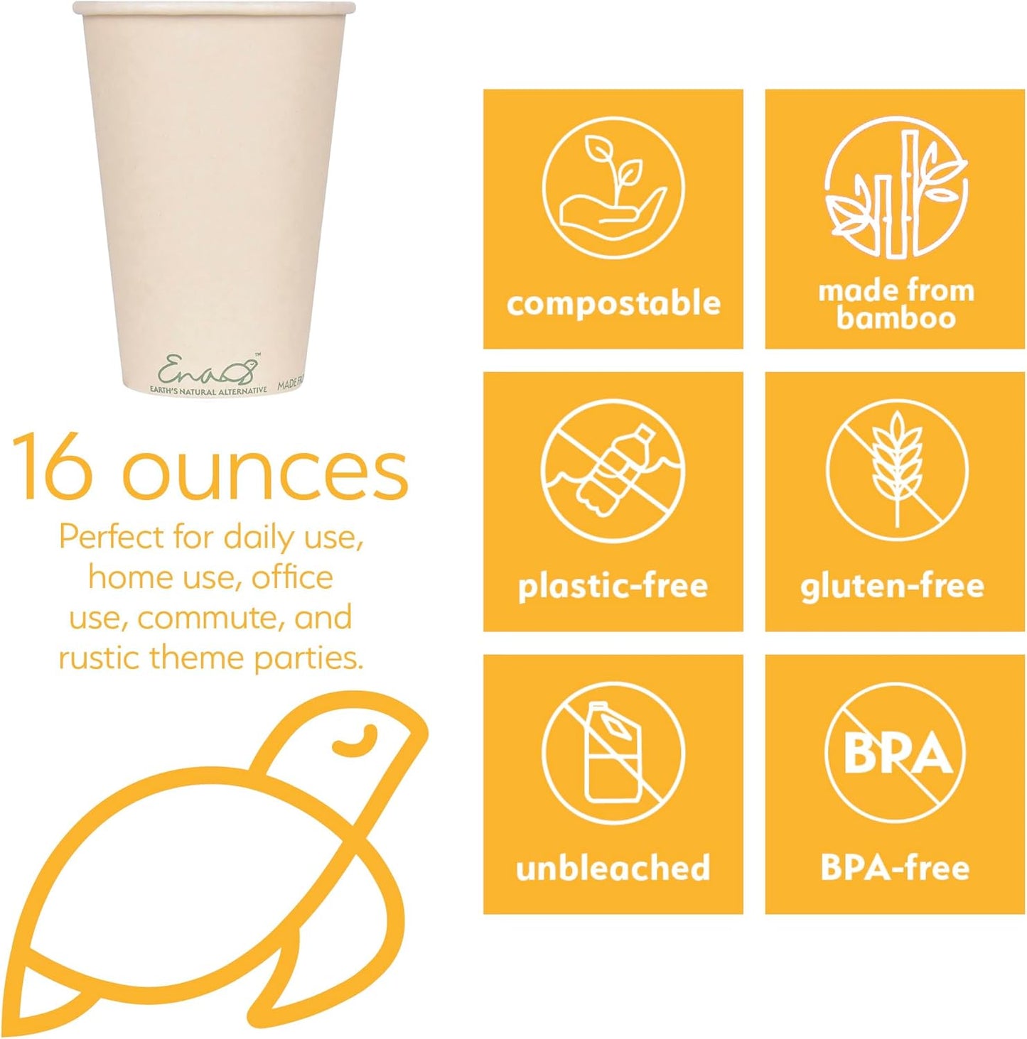 100% Compostable Disposable Coffee Cups [16oz 80 Pack] Paper Cups Made from Bamboo, Eco-Friendly, Biodegradable Premium Party Cups, Natural Unbleached by Earth's Natural Alternative