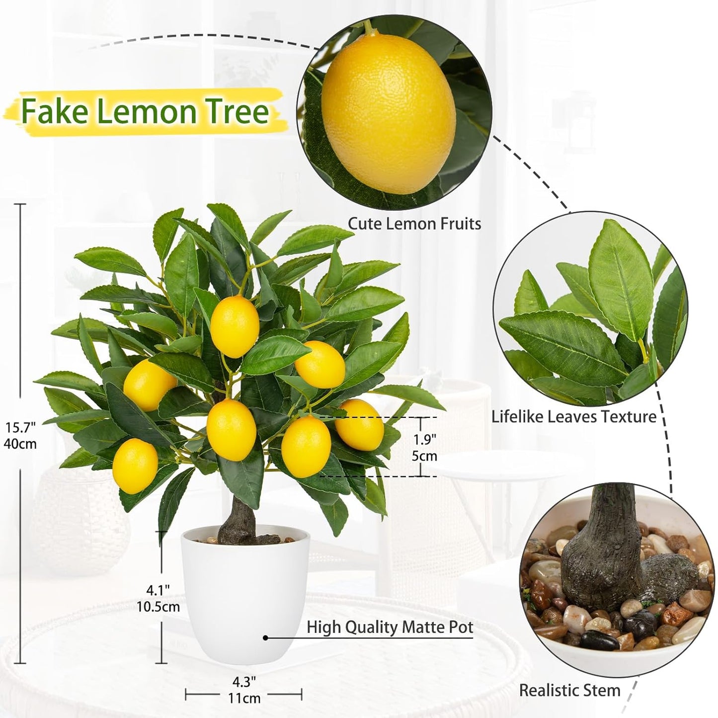 Artificial Potted Plants 15.7 inches Fake Lemon Tree Artificial Lemons Citrus Tree with White Pot Faux Plants Indoor for Home,Office, Living Room Table, Desk
