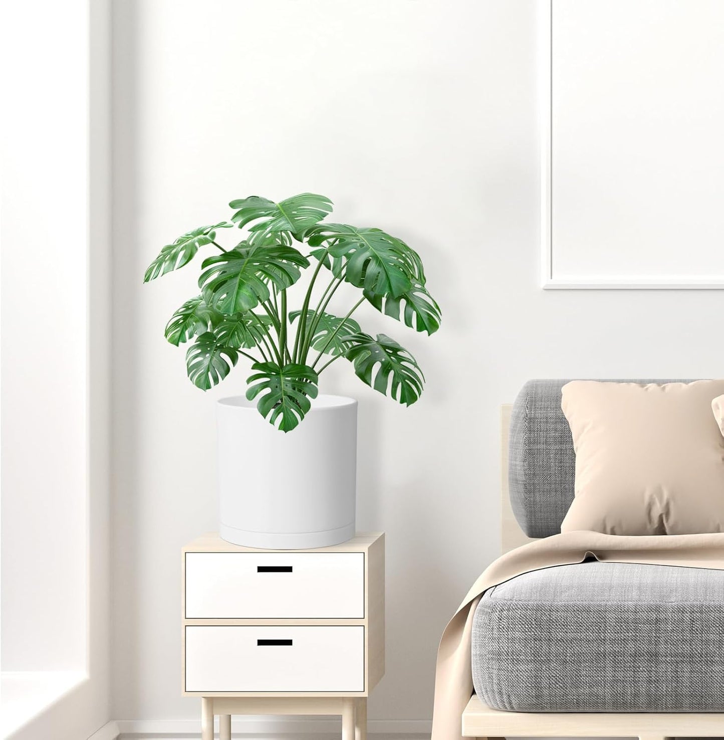 12 Inch Large Deep Flower Pots for Outdoor Indoor Plants, Cylinder Tall Plant Pots with Drainage Holes and Saucer, Big Decorative Plastic Planter Pots for Garden House Plants, White