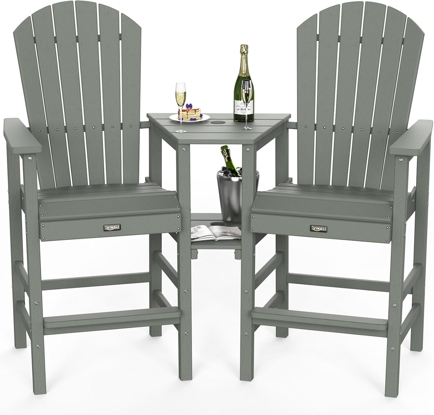 VINGLI Tall Adirondack Chairs Set of 2, HDPE Balcony Chair with Double Connecting Tray Weather Resistant Outdoor Bar Stools for Patio Deck Lawn Pool Backyard (Grey)