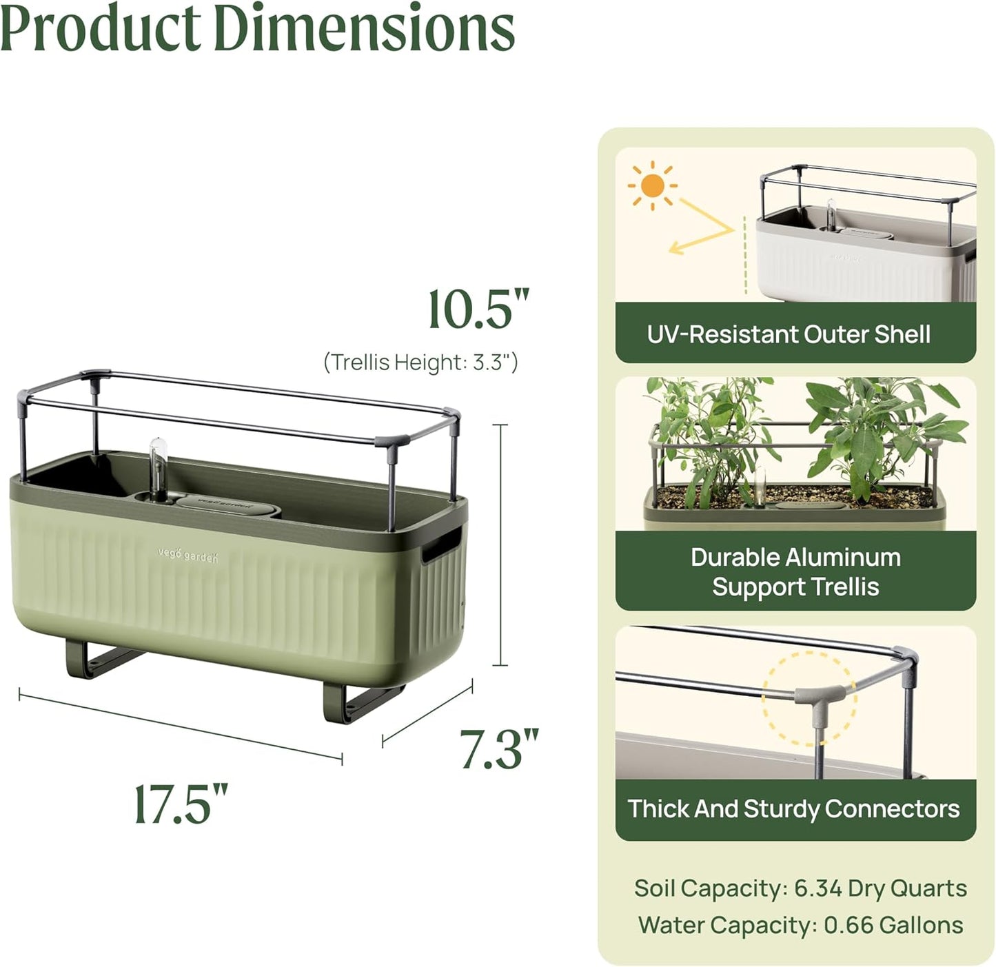 Vego Garden 2 Pack Herb Indoor Plant Box, Self Watering Planters Pots with Trellis for Kitchen Window Sill or Countertop Plants Cage - Sage Green