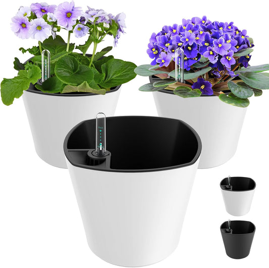 7 inch Plant Pots 3-Pack, Self Watering Flower Pots Indoor Outdoor, African Violet Pots Planters with Drainage Hole Saucer Reservoir, White