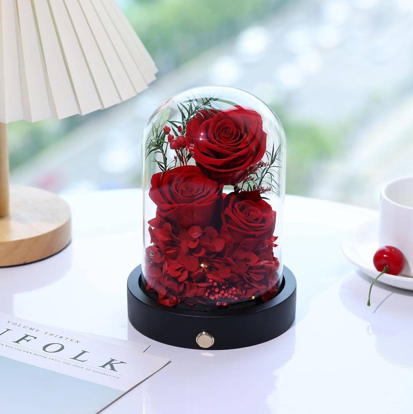 Flowers Forever for Delivery, Preserved Rose in Glass Dome with LED Gifts for Her, Forever Flower for Women on Valentines Day, Mothers Day, Anniverysary, Birthday, Red