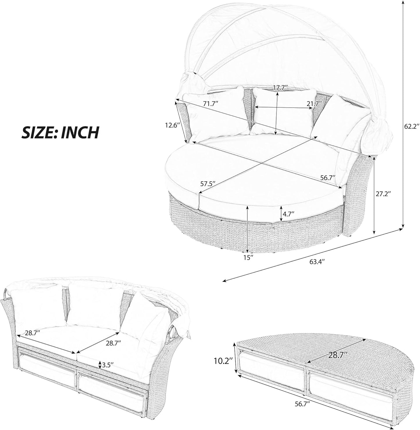 kevinplus Round Outdoor Daybed Patio Sunbed, Convertible Wicker Rattan Outdoor Daybed Sunbed with Retractable Canopy for Garden Backyard Porch Poolside, Gray