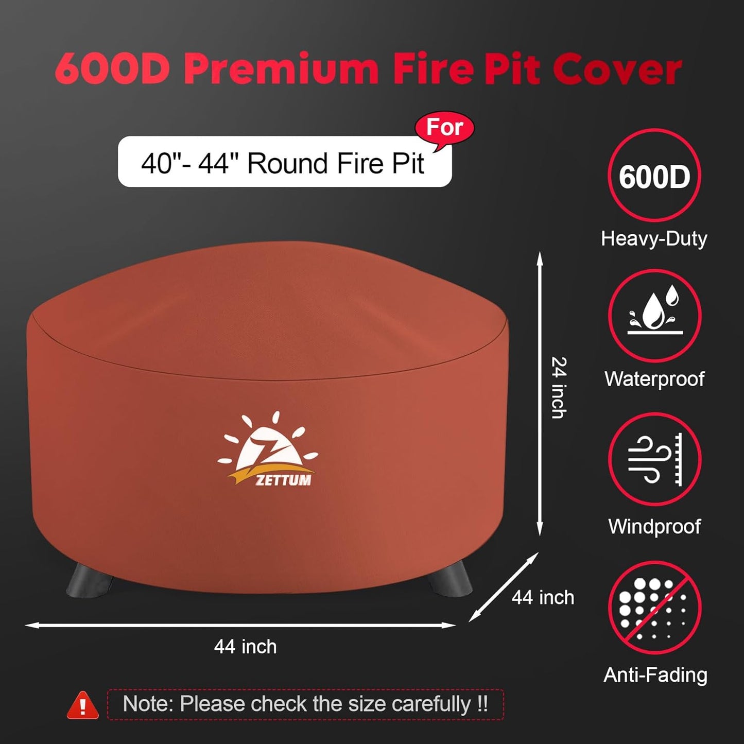 Fire Pit Cover Round 44 Inch - Outdoor Firepit Cover Heavy Duty & Waterproof, 600D Patio Fire Table Covers Gas Fire Pit Accessories Fade & Weather Resistant Brown - 44 x 44 x 24 Inch