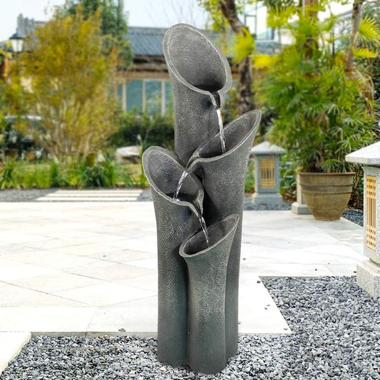 4-Tier Faux Stone LED Floor Fountain, 33.5 Inch Waterfall Outdoor Fountain LED Illuminated Water Feature for Patio Garden