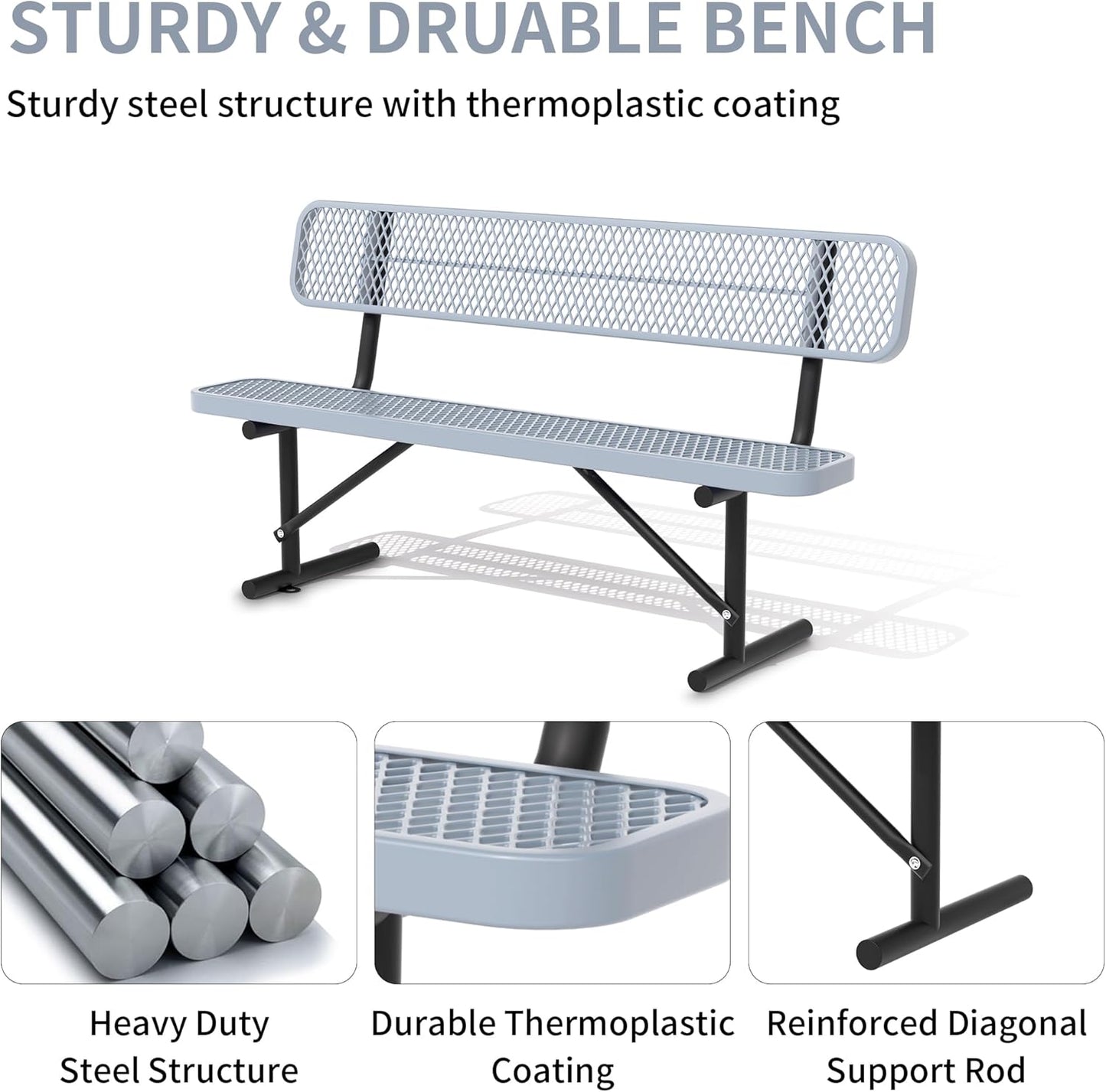 6 Feet Heavy Duty Metal Park Bench for Outside, Outdoor Bench with Backrest & Portable Frame, Commercial Benches for Shopping Malls, Stores, Parks, Patios, Decks, Grey