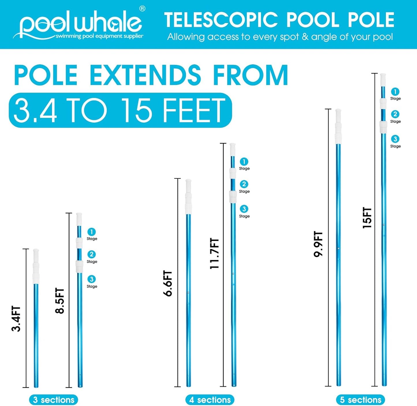 POOLWHALE Premium 15 Foot Telescopic Swimming Pool Pole, Adjustable 3 Piece Extendable Pool Cleaning Pole, Blue Anodized Aluminum - for Skimmer Nets, Vacuum Heads and Brushes