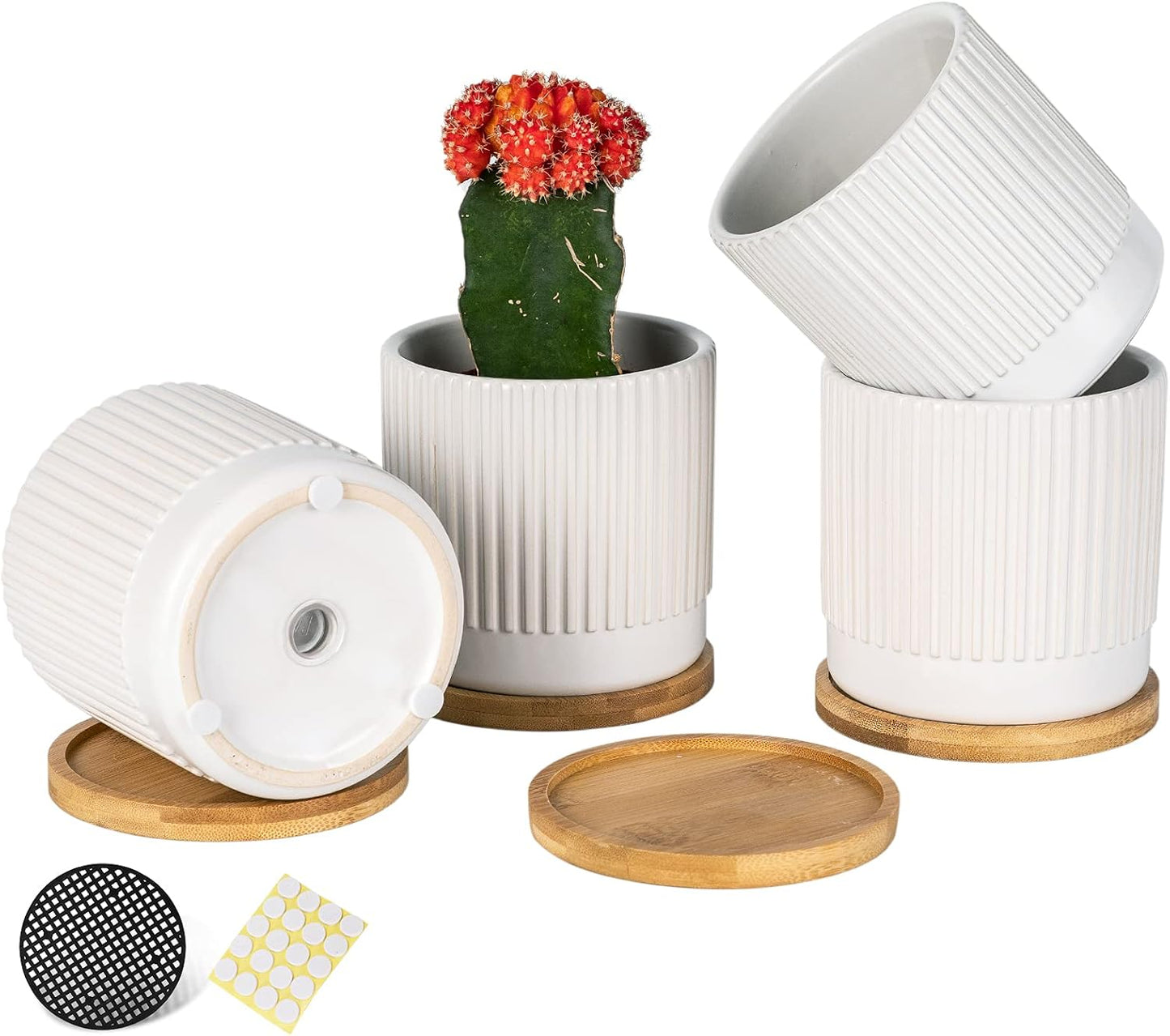 AOMRYOM 4.25 Inch Small Ceramic Plant Pots with Drainage Holes and Trays, Garden Flower Pots for Indoor Outdoor Plants, Succulents, Cactus and Herbs, White Stripe, Set of 4 (Plant Not Included)