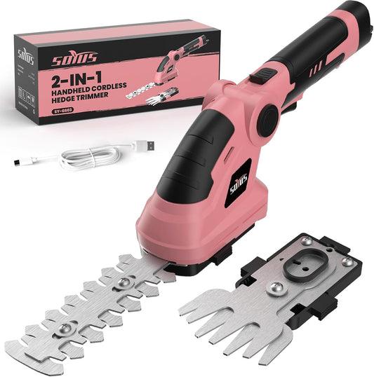 SOYUS Cordless Hedge Trimmer, 2 in 1 Electric Hedge Trimmers & Grass Shears, 7.2V Lightweight Shrub Trimmer Cordless with Battery and Charger, Ideal for Garden, Yard and Lawn - Pink