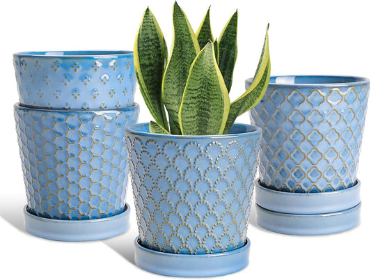 EFISPSS Plant Pots, 5 Inch Pots for Indoor Plants, Planters with Drainage Hole and Saucer, Ceramic Flower Pots Desktop Office Windowsill Decoration Gift Set of 4 - Sky Blue