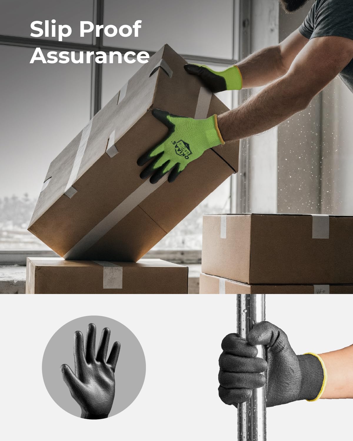 OKIAAS Work Gloves for Men，Ultra Thin and Lightweight Working Gloves with Grip, 12 Pairs Bulk Pack Construction Gloves with Polyurethane Coating for Light Duty Work (Black, X-Large)