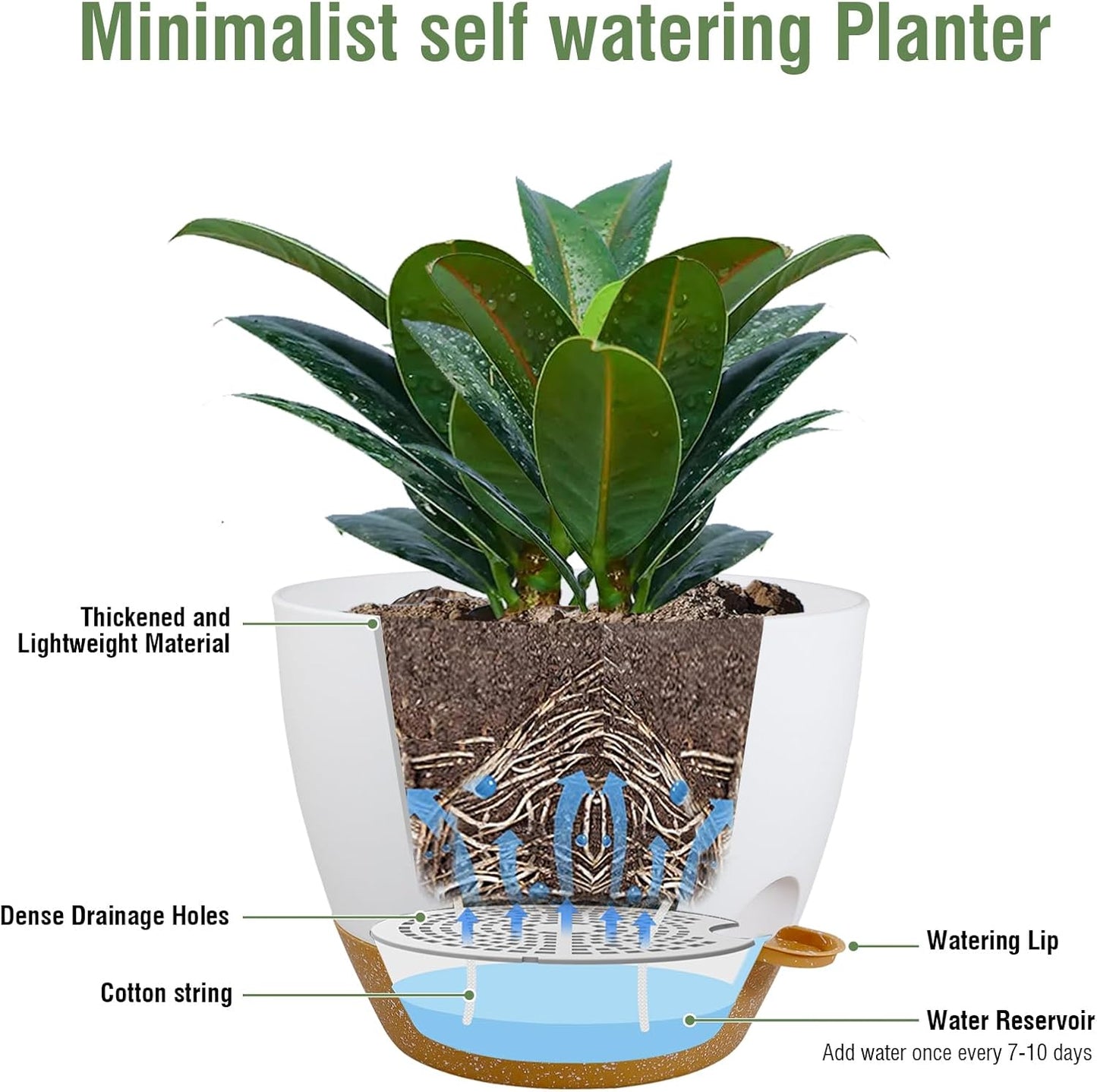 12 inch Large Self Watering Pots for Indoor Outdoor Plants, Plant Pots with Mesh Drainage Holes for Garden House Plants, Plastic Planters with Reservoir for Flower Plants, White with Brown