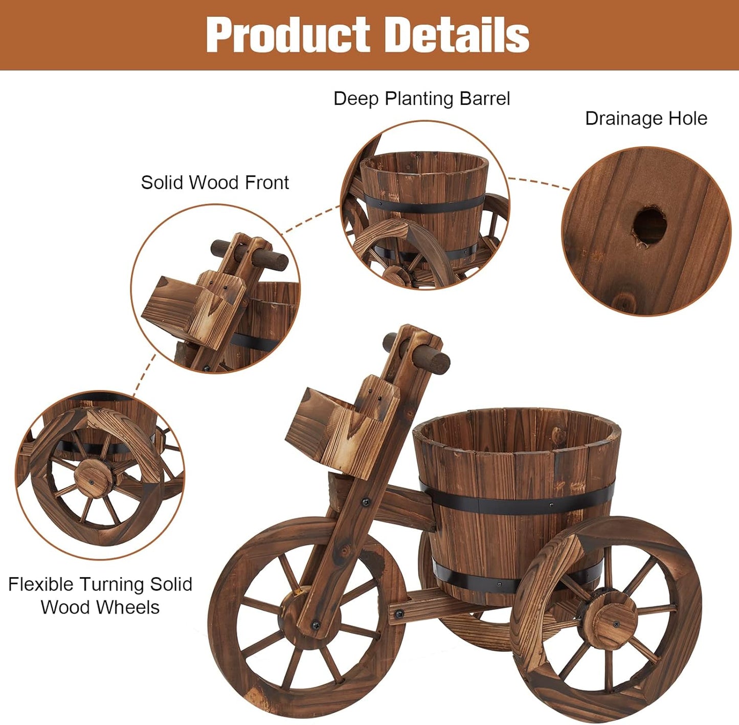 kinbor Outdoor Planters - Rustic Barrel Planter, Wooden Wagon Tricycle Planters for Outdoor Plants