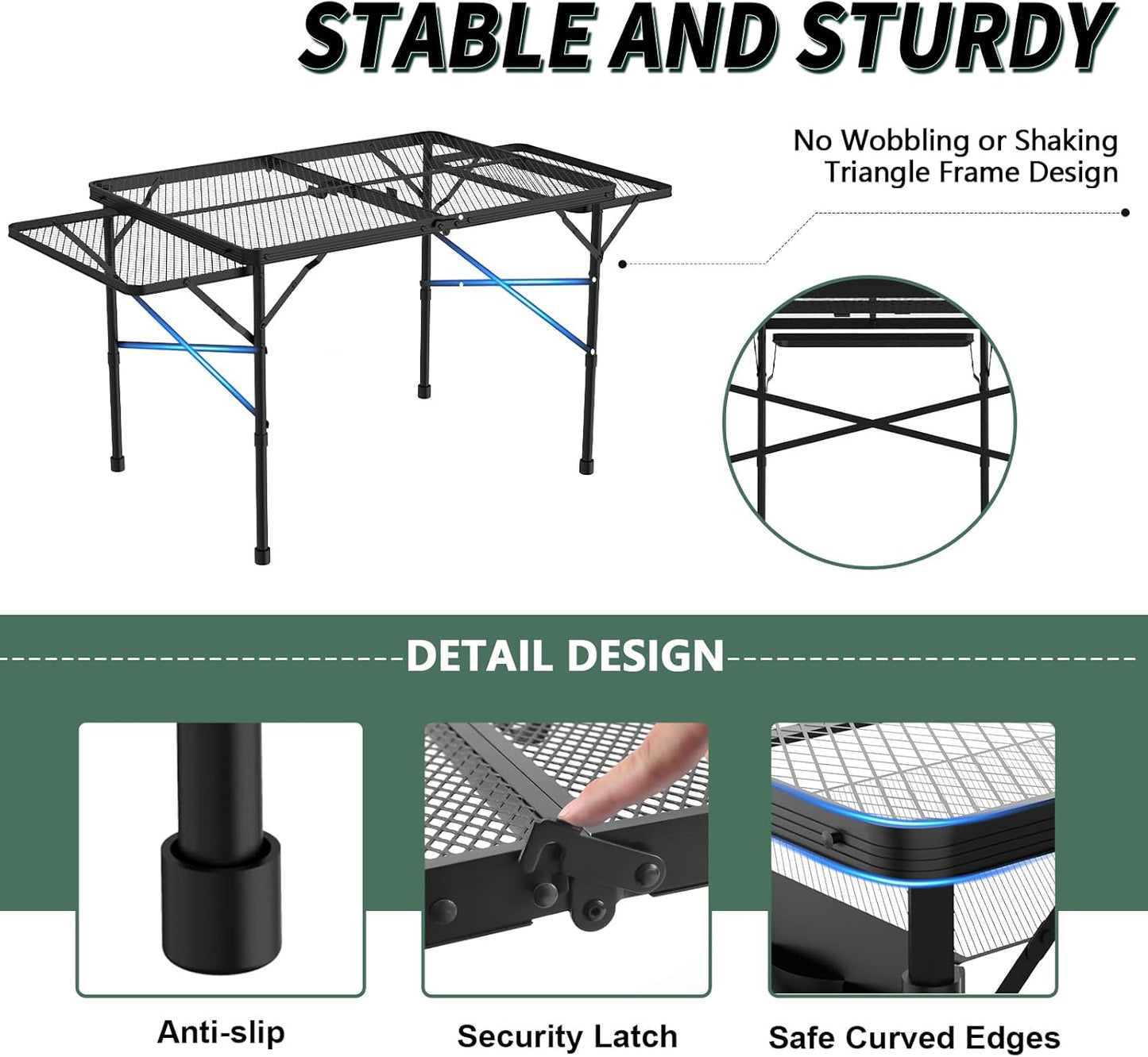 Folding Table with 2 Wing Panels, 3x2 FT Camping Table with Mesh Desktop,Height Adjustable Folding Grill Table with Mesh Bag,Portable Outdoor Table for Picnic,Camping,BBQ,Beach(Black)
